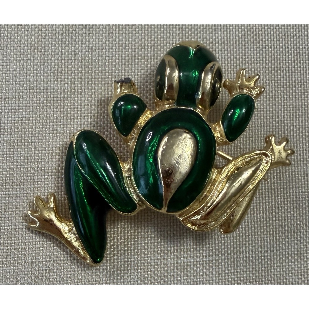 Vintage Style Green Frog Brooch Gold Tone Enamel Rhinestone Figural Pin Animal